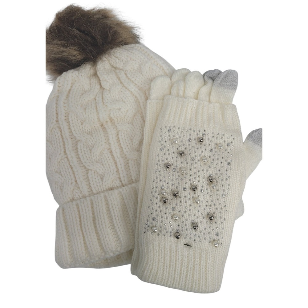Holiday Time White‎ Pom-Pom Beanie, Fingerless Embellished Glove Set Winter Hat